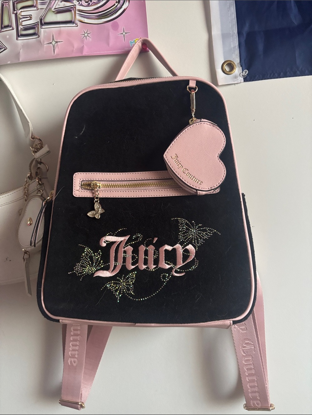 Juicy Couture Black and Pink Velvet Mini Backpack with Heart Charm